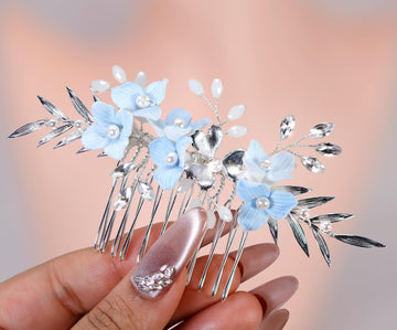 Morning Mist Blooms Something Blue Porcelain Flowers Bridal Hair Comb, Faux Pearl Hair Piece, Hair Accessories, Wedding Hair Accessory.